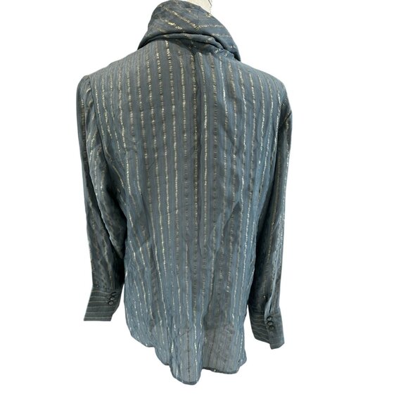 Chicos Black Label Metallic Striped Teal Button-Down Blouse With Tie Neck Size 2 - Picture 4 of 12